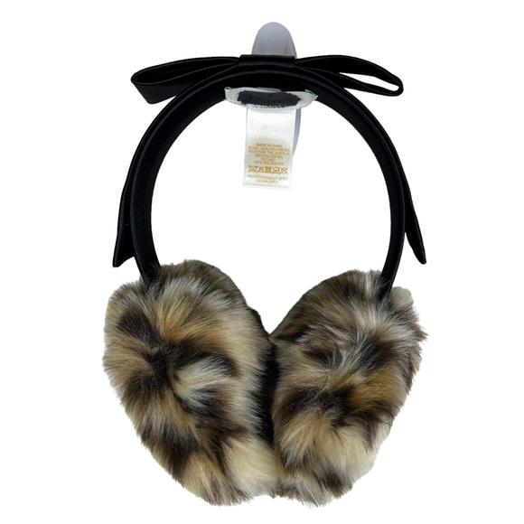 KATE SPADE Black Satin Bow Leopard Faux Fur Ear Muffs NEW - Picture 5 of 6